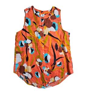 Sigrid Olsen Floral 100% Linen Sleeveless Button Front Top L Coastal Chic Resort